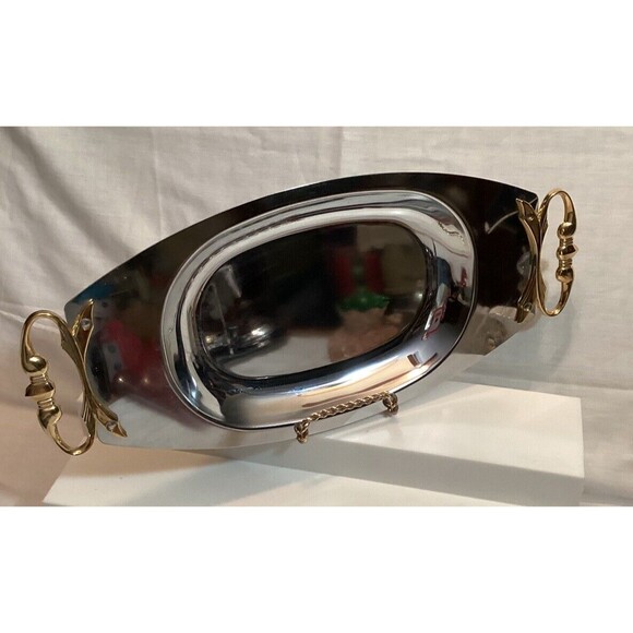 Kromex MCM Silver Serving Bar Tray Dish Platter Gold Metal Handles Mid Century - Picture 2 of 11